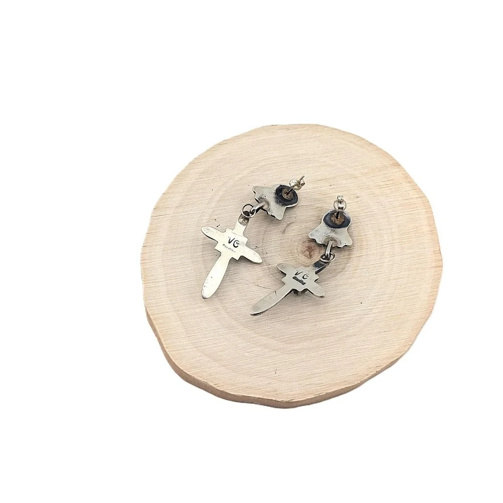 Native Am Earrings Navajo‎ Iodize Sterling Silver Cross Turquoise Jewelry**